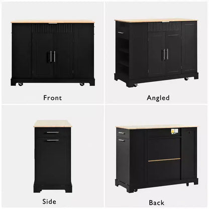 Îlot de cuisine noir cannelé de 48,5 pouces avec meuble de rangement pour poubelle, îlots de cuisine roulants sur 5 roues pour poubelle de 10 gallons