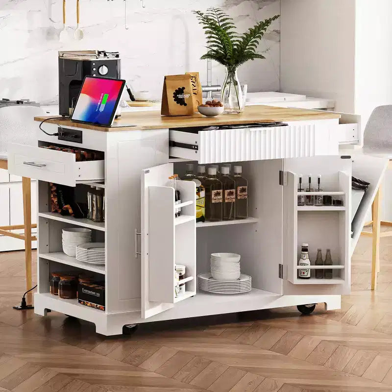 Îlot de cuisine noir cannelé de 48,5 pouces avec meuble de rangement pour poubelle, îlots de cuisine roulants sur 5 roues pour poubelle de 10 gallons