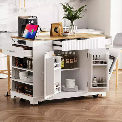 Îlot de cuisine noir cannelé de 48,5 pouces avec meuble de rangement pour poubelle, îlots de cuisine roulants sur 5 roues pour poubelle de 10 gallons