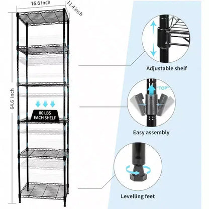 6 - Tier Wire Shelving Adjustable Metal Storage Rack for Laundry Bathroom Kitchen Pantry Closet Black 16.6Lx 11.4Wx 64.6H