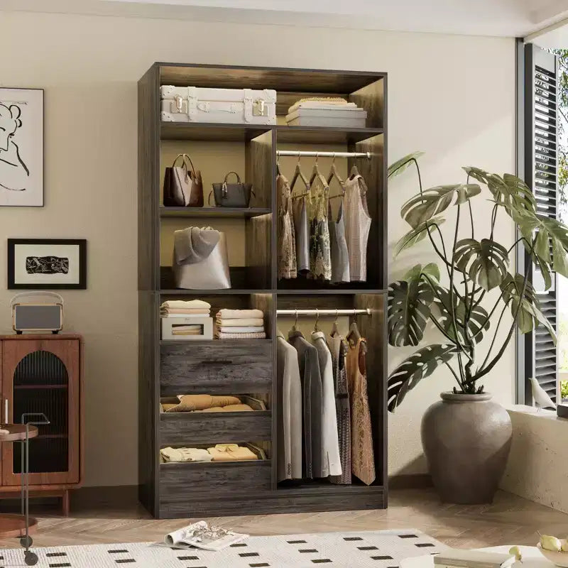 Organisateur de placard Besiost 36 pouces avec tiroirs en bois, système de placard autonome avec tringles de suspension