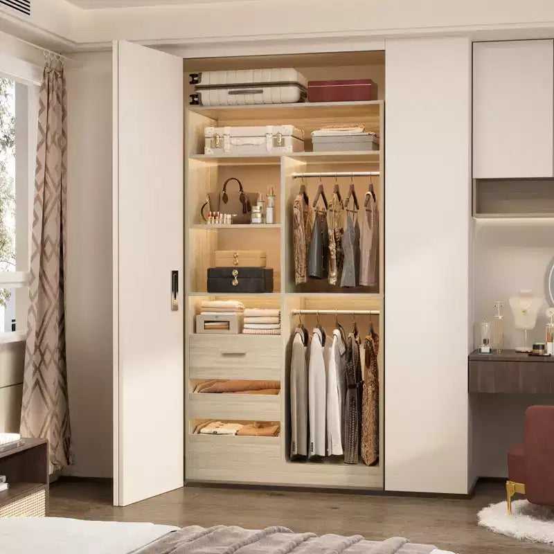 Organisateur de placard Besiost 36 pouces avec tiroirs en bois, système de placard autonome avec tringles de suspension