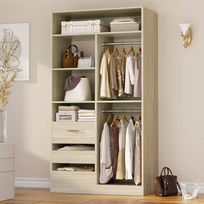 Besiost 36-In Closet Organizer with Wood Drawers, Freestanding Closet System with Hanging Rods