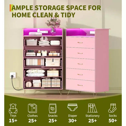 Commode à 4 tiroirs avec lumières RVB et station de recharge, commode LED à synchronisation musicale contrôlée par application, commode en bois pour chambre, placard, salon