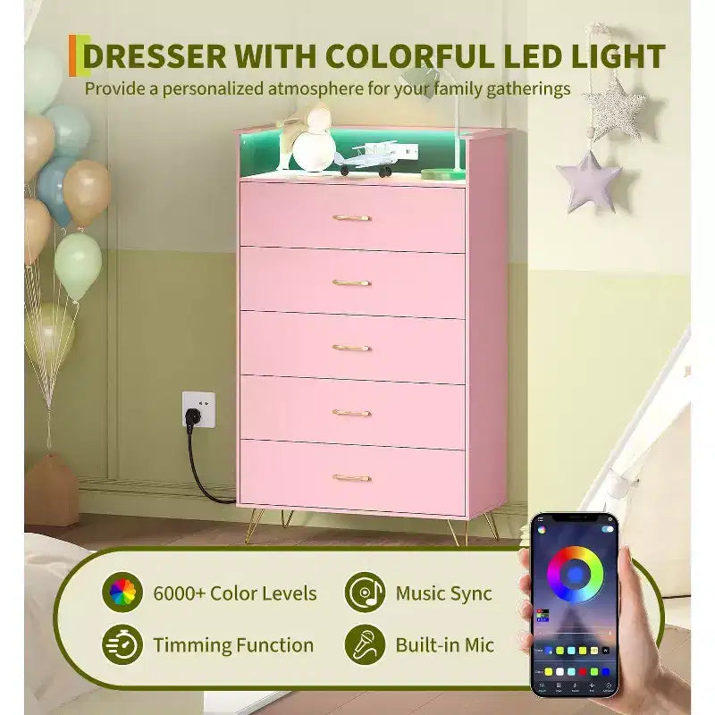 Commode à 4 tiroirs avec lumières RVB et station de recharge, commode LED à synchronisation musicale contrôlée par application, commode en bois pour chambre, placard, salon