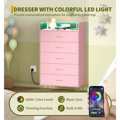 Commode à 4 tiroirs avec lumières RVB et station de recharge, commode LED à synchronisation musicale contrôlée par application, commode en bois pour chambre, placard, salon