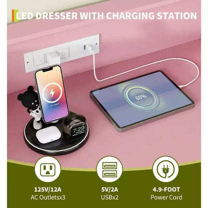 Commode à 4 tiroirs avec lumières RVB et station de recharge, commode LED à synchronisation musicale contrôlée par application, commode en bois pour chambre, placard, salon
