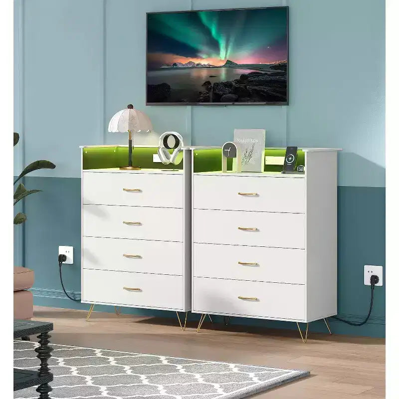 Commode à 4 tiroirs avec lumières RVB et station de recharge, commode LED à synchronisation musicale contrôlée par application, commode en bois pour chambre, placard, salon