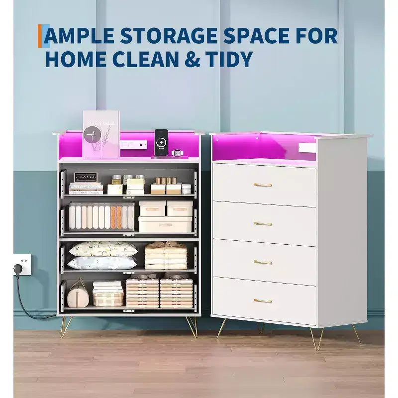 Commode à 4 tiroirs avec lumières RVB et station de recharge, commode LED à synchronisation musicale contrôlée par application, commode en bois pour chambre, placard, salon