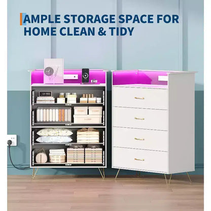 Commode à 4 tiroirs avec lumières RVB et station de recharge, commode LED à synchronisation musicale contrôlée par application, commode en bois pour chambre, placard, salon