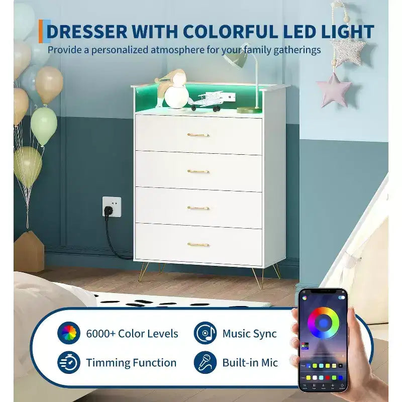 Commode à 4 tiroirs avec lumières RVB et station de recharge, commode LED à synchronisation musicale contrôlée par application, commode en bois pour chambre, placard, salon