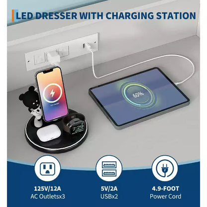 Commode à 4 tiroirs avec lumières RVB et station de recharge, commode LED à synchronisation musicale contrôlée par application, commode en bois pour chambre, placard, salon