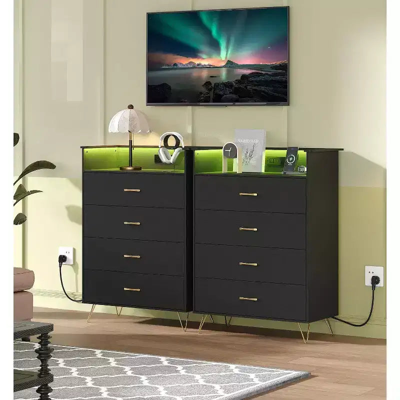 Commode à 4 tiroirs avec lumières RVB et station de recharge, commode LED à synchronisation musicale contrôlée par application, commode en bois pour chambre, placard, salon