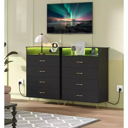 Commode à 4 tiroirs avec lumières RVB et station de recharge, commode LED à synchronisation musicale contrôlée par application, commode en bois pour chambre, placard, salon