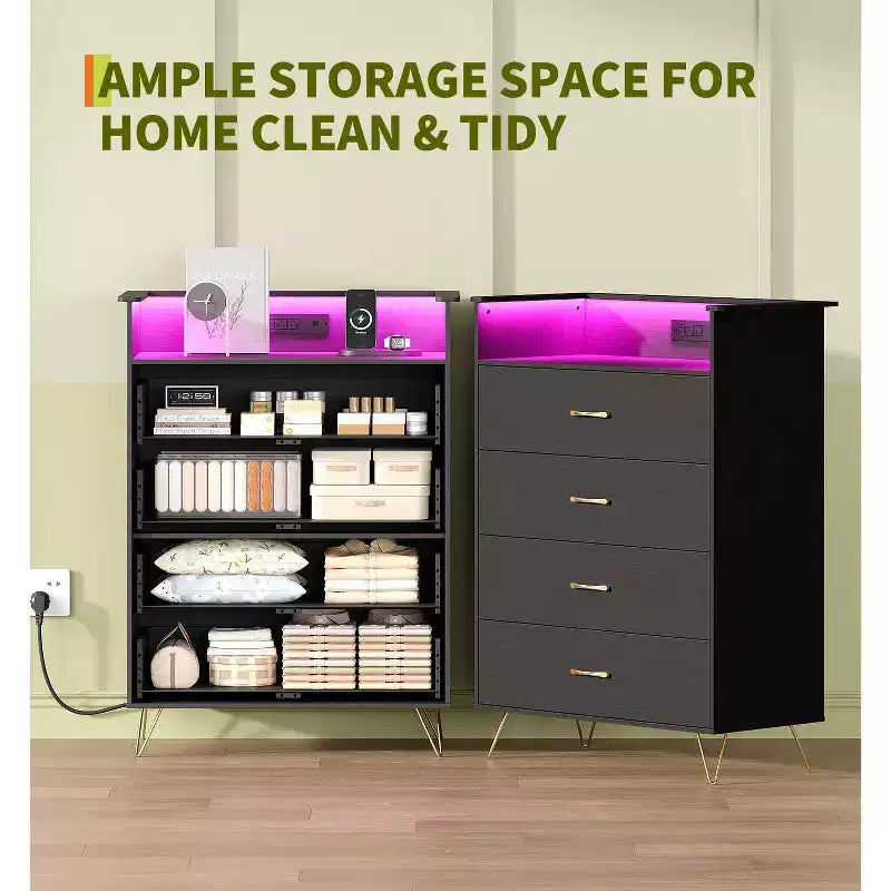 Commode à 4 tiroirs avec lumières RVB et station de recharge, commode LED à synchronisation musicale contrôlée par application, commode en bois pour chambre, placard, salon