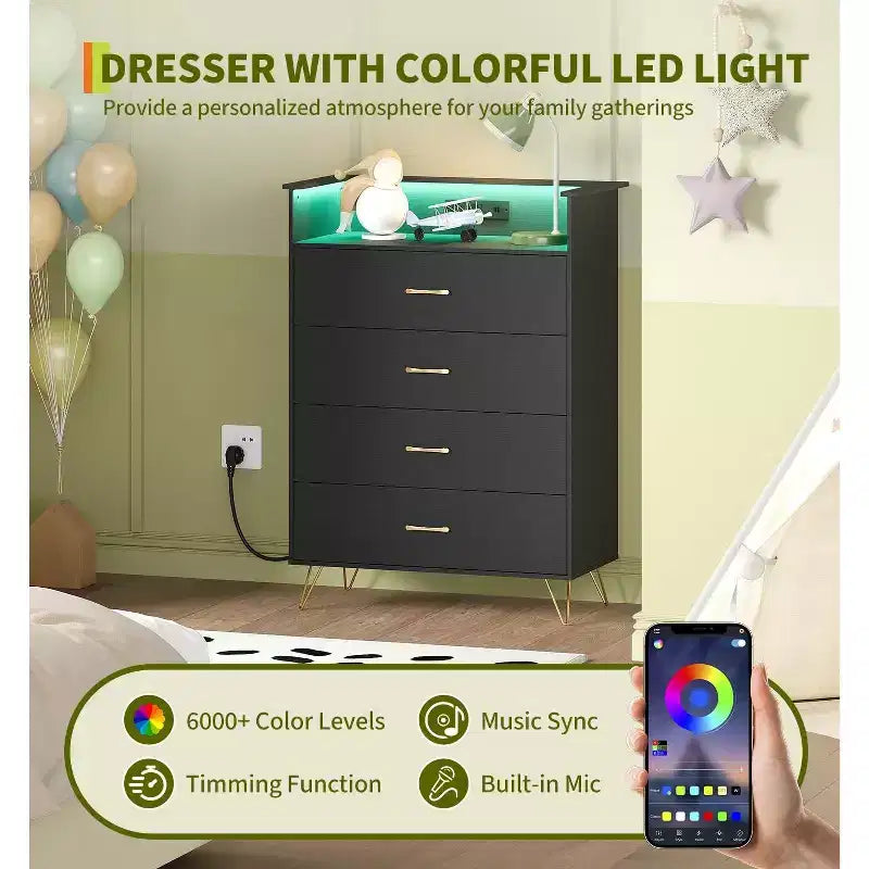 Commode à 4 tiroirs avec lumières RVB et station de recharge, commode LED à synchronisation musicale contrôlée par application, commode en bois pour chambre, placard, salon