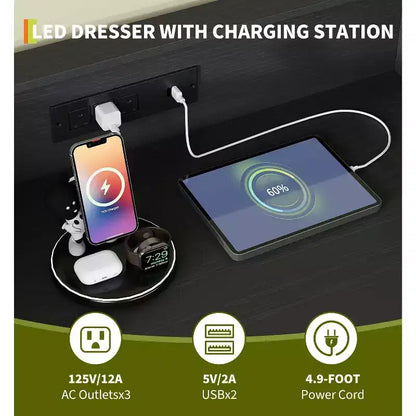 Commode à 4 tiroirs avec lumières RVB et station de recharge, commode LED à synchronisation musicale contrôlée par application, commode en bois pour chambre, placard, salon