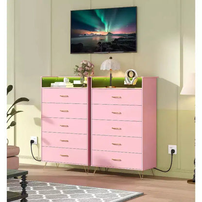 Commode à 4 tiroirs avec lumières RVB et station de recharge, commode LED à synchronisation musicale contrôlée par application, commode en bois pour chambre, placard, salon