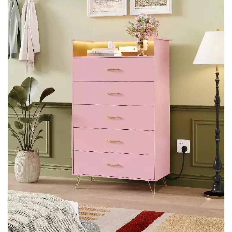 Commode à 4 tiroirs avec lumières RVB et station de recharge, commode LED à synchronisation musicale contrôlée par application, commode en bois pour chambre, placard, salon