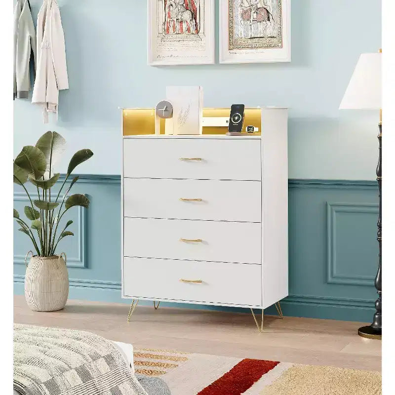 Commode à 4 tiroirs avec lumières RVB et station de recharge, commode LED à synchronisation musicale contrôlée par application, commode en bois pour chambre, placard, salon