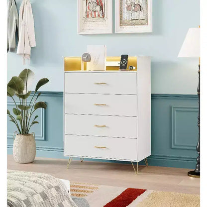 Commode à 4 tiroirs avec lumières RVB et station de recharge, commode LED à synchronisation musicale contrôlée par application, commode en bois pour chambre, placard, salon