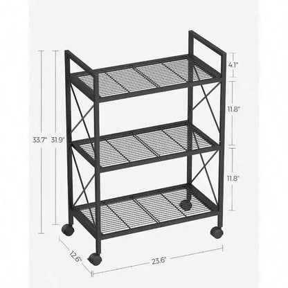 Étagère de rangement en métal à 3 niveaux avec roulettes, unité de rayonnage en maille, cadres latéraux en X, 60 cm de largeur, noire, pour entrée/cuisine