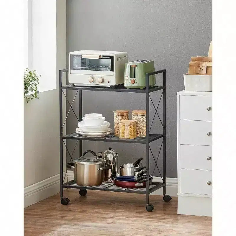 Étagère de rangement en métal à 3 niveaux avec roulettes, unité de rayonnage en maille, cadres latéraux en X, 60 cm de largeur, noire, pour entrée/cuisine