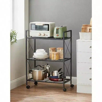 Étagère de rangement en métal à 3 niveaux avec roulettes, unité de rayonnage en maille, cadres latéraux en X, 60 cm de largeur, noire, pour entrée/cuisine
