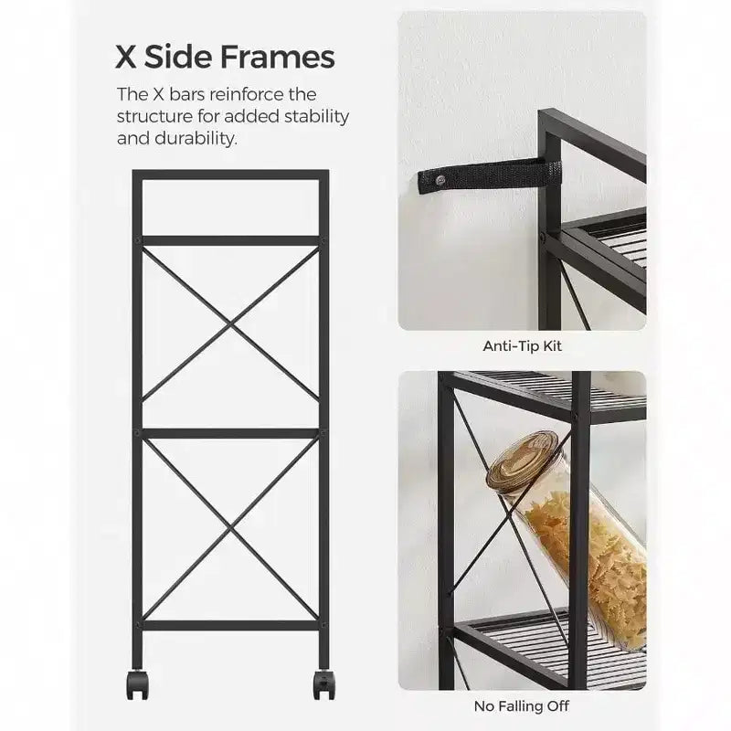 Étagère de rangement en métal à 3 niveaux avec roulettes, unité de rayonnage en maille, cadres latéraux en X, 60 cm de largeur, noire, pour entrée/cuisine