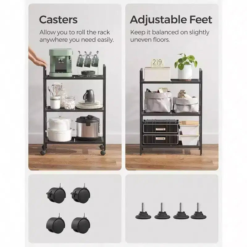 Étagère de rangement en métal à 3 niveaux avec roulettes, unité de rayonnage en maille, cadres latéraux en X, 60 cm de largeur, noire, pour entrée/cuisine