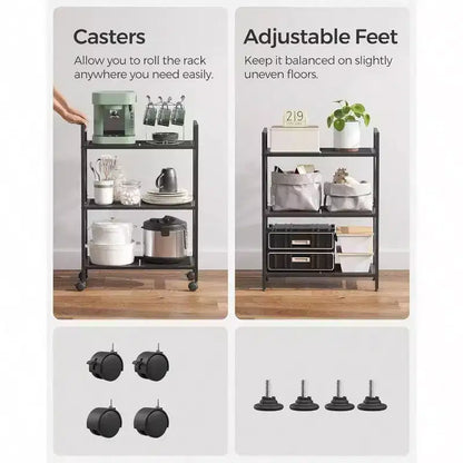 Étagère de rangement en métal à 3 niveaux avec roulettes, unité de rayonnage en maille, cadres latéraux en X, 60 cm de largeur, noire, pour entrée/cuisine