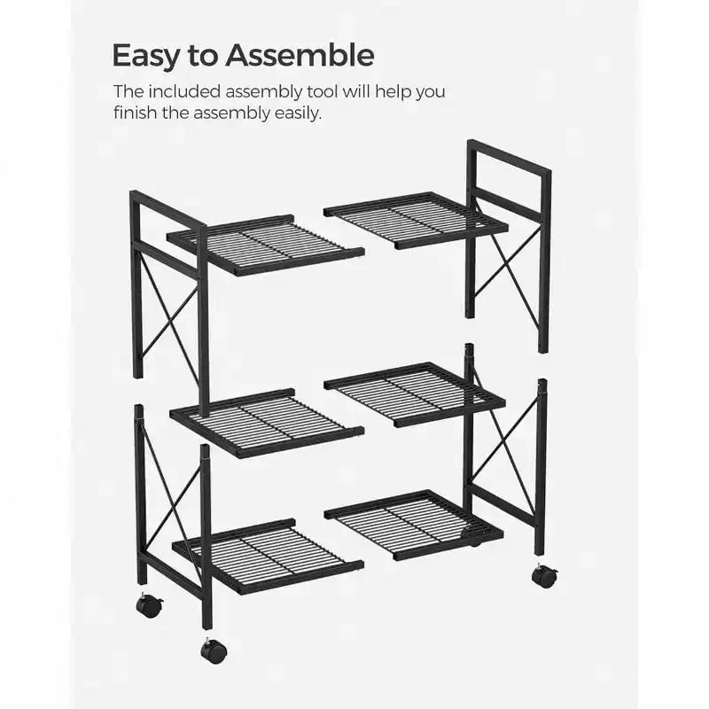 Étagère de rangement en métal à 3 niveaux avec roulettes, unité de rayonnage en maille, cadres latéraux en X, 60 cm de largeur, noire, pour entrée/cuisine