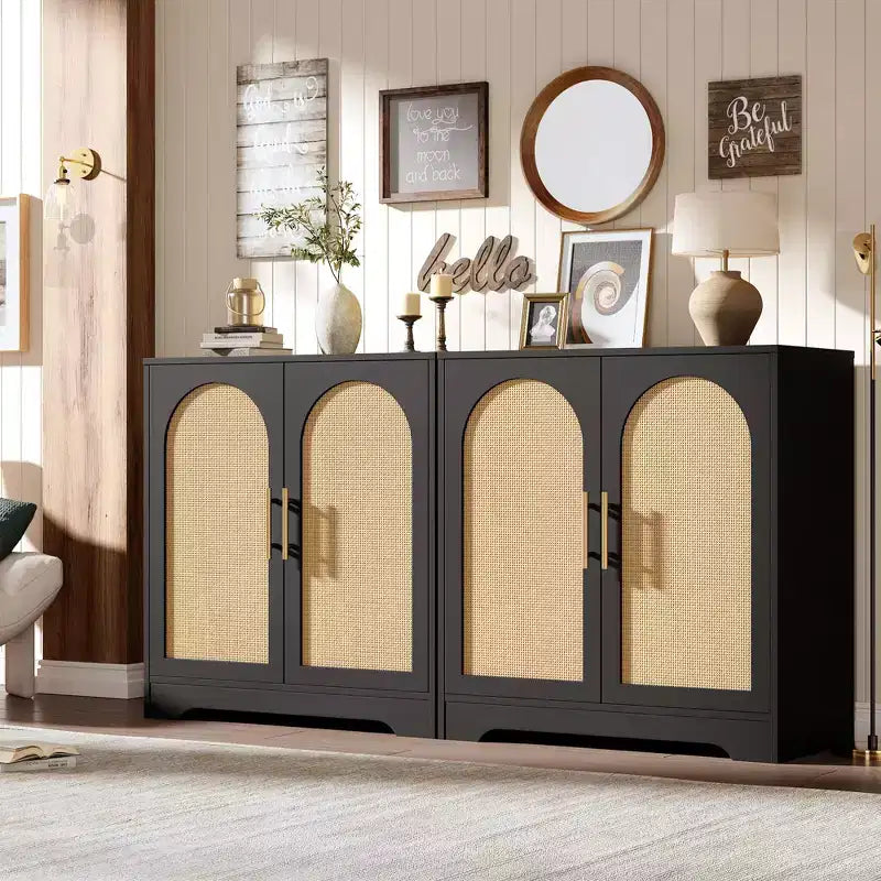 Modern Sideboard Buffet Cabinet with 2 Rattan Doors - Credenza Storage Console Table for Living Room, Dining Room & Entryway