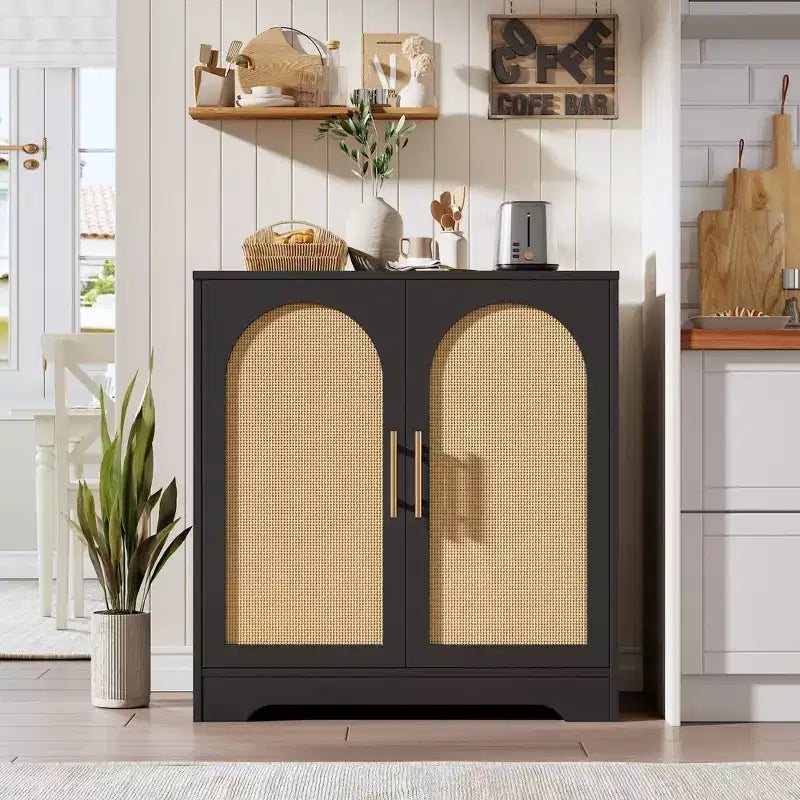 Modern Sideboard Buffet Cabinet with 2 Rattan Doors - Credenza Storage Console Table for Living Room, Dining Room & Entryway
