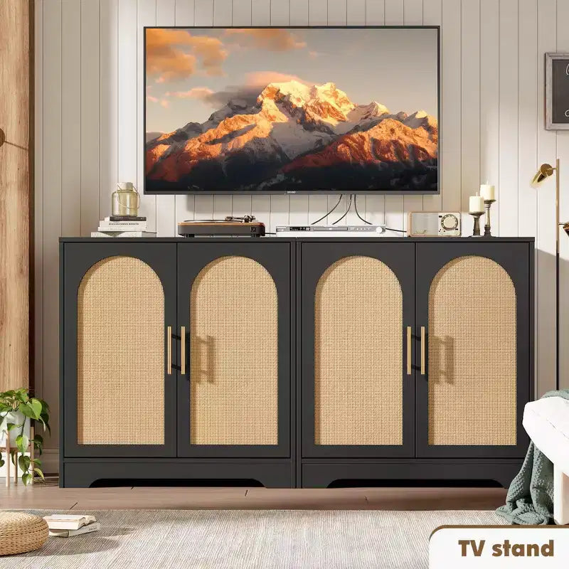Modern Sideboard Buffet Cabinet with 2 Rattan Doors - Credenza Storage Console Table for Living Room, Dining Room & Entryway