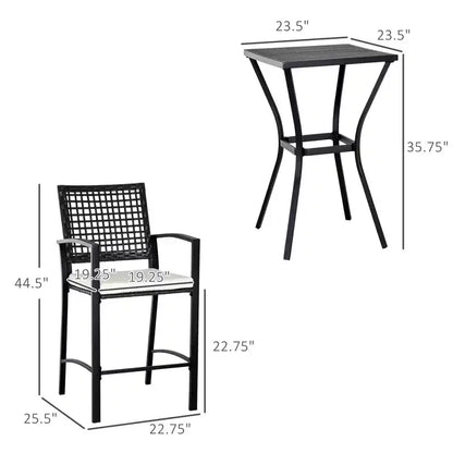 3pcs Patio Bar Set with Soft Cushion, Rattan Wicker Outdoor Furniture Set for Backyards, Lawn, Deck
