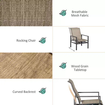 5 Piece Garden Patio Dining Set, Dinner Table with Built-in Ice Bucket Insert, 4 Rocking Chairs