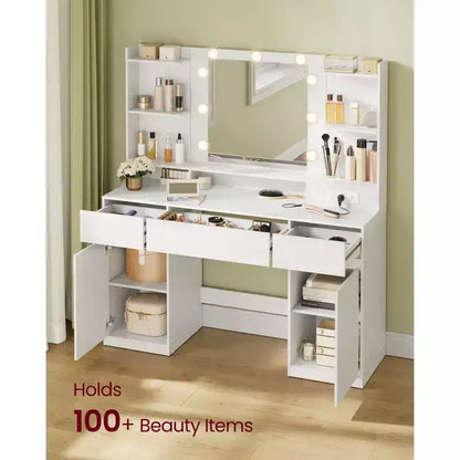 Vanity Desk with 9 LED Lights & Power Outlets, 43.3 Inch Makeup Table with 2 Cabinets, 3 Drawers & 8 Compartments, Dressing Table, Cloud White