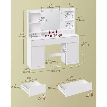 Vanity Desk with 9 LED Lights & Power Outlets, 43.3 Inch Makeup Table with 2 Cabinets, 3 Drawers & 8 Compartments, Dressing Table, Cloud White