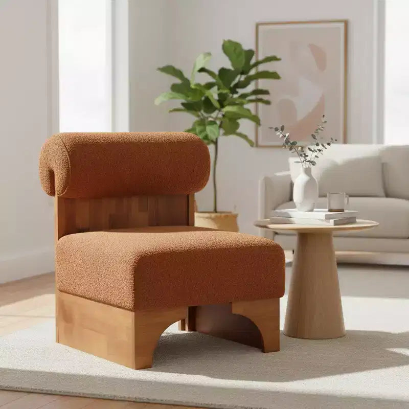 Fauteuil d'appoint Homy Casa avec dossier roulé et piètement en bois massif, revêtement en tissu bouclette
