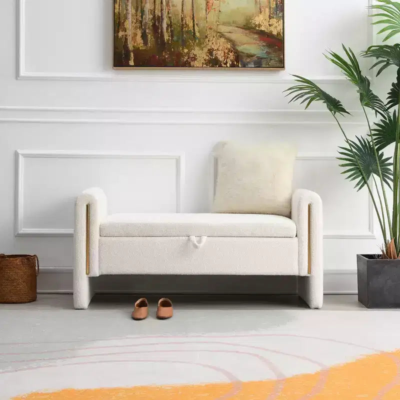 Banc de chambre moderne rembourré, Grand pouf de rangement avec accoudoir pour pied de lit, salon, entrée ou salle de lecture