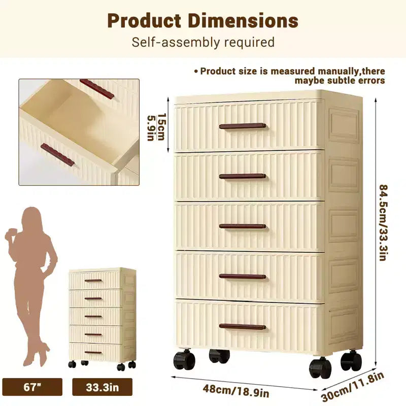 Meuble de rangement multifonctionnel à 5 niveaux crème - Organisateur mobile pour chambre et salon avec tiroirs pour jouets, livres, vêtements et collations