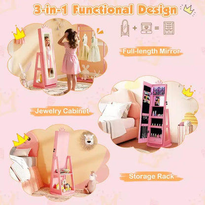 Armoire à bijoux pivotante Costway pour enfants avec lumières, miroir pleine longueur et miroir intégré