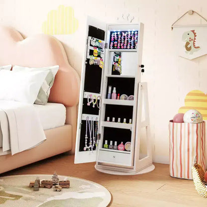 Armoire à bijoux pivotante Costway pour enfants avec lumières, miroir pleine longueur et miroir intégré