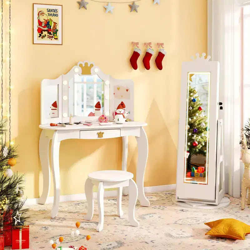 Armoire à bijoux pivotante Costway pour enfants avec lumières, miroir pleine longueur et miroir intégré