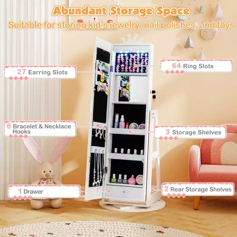 Armoire à bijoux pivotante Costway pour enfants avec lumières, miroir pleine longueur et miroir intégré