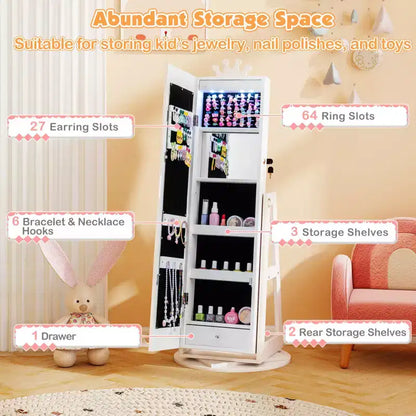 Armoire à bijoux pivotante Costway pour enfants avec lumières, miroir pleine longueur et miroir intégré