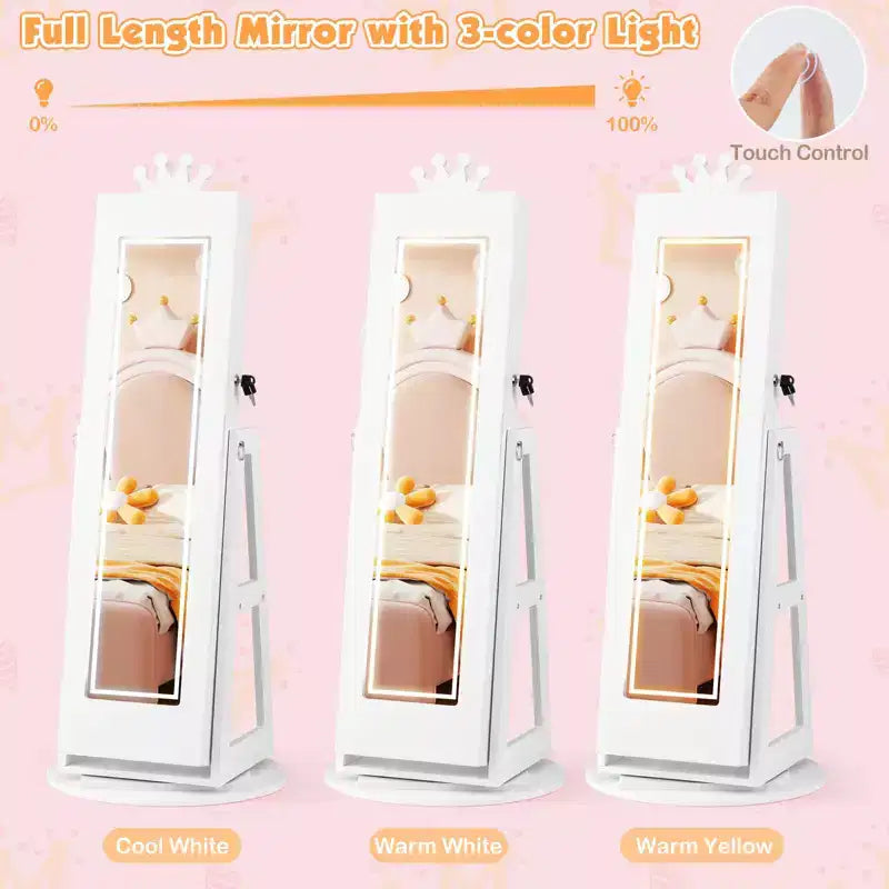 Armoire à bijoux pivotante Costway pour enfants avec lumières, miroir pleine longueur et miroir intégré