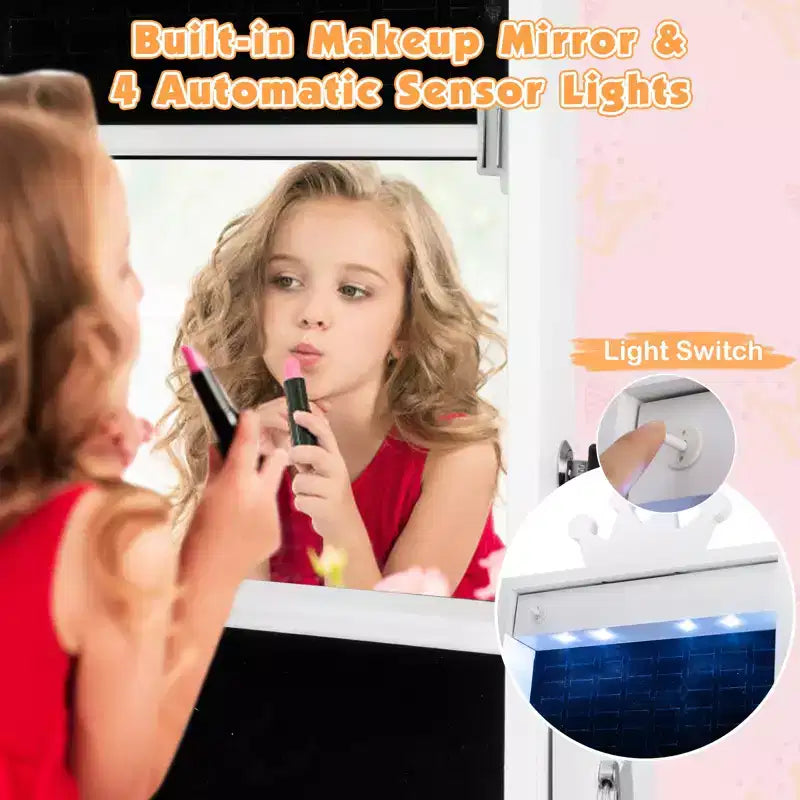 Armoire à bijoux pivotante Costway pour enfants avec lumières, miroir pleine longueur et miroir intégré