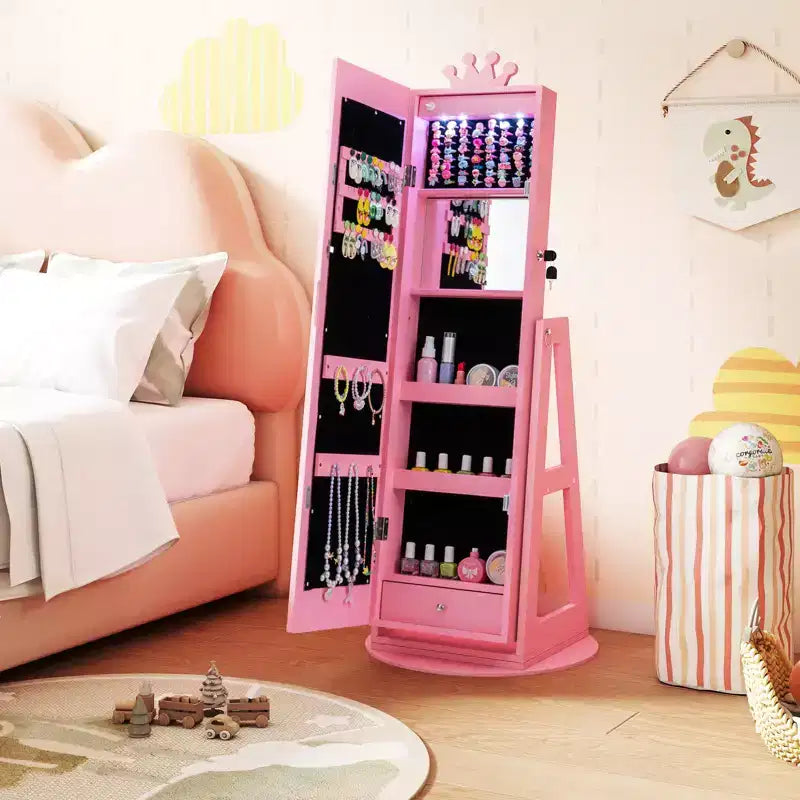 Armoire à bijoux pivotante Costway pour enfants avec lumières, miroir pleine longueur et miroir intégré